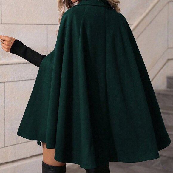 Dark Green Elegant Women's Double-Breasted Mid-Length Cape - Picture 3 of 7